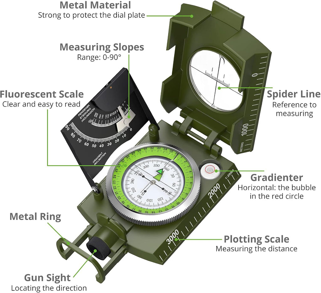 Proster Lensatic Sighting Compass IP65 Waterproof with Clinometer Bag