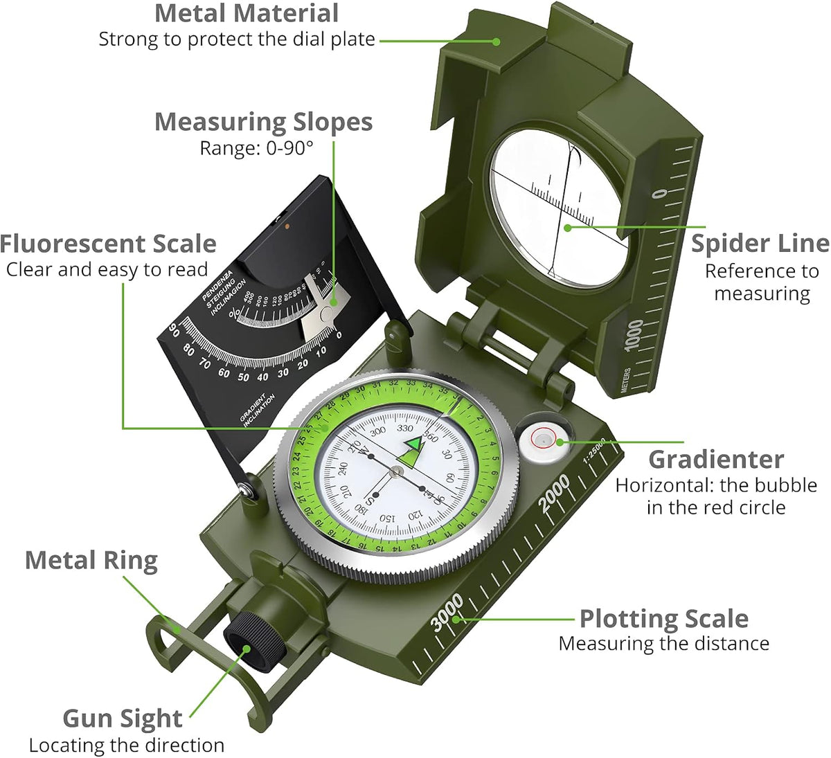 Proster Lensatic Sighting Compass IP65 Waterproof with Clinometer Bag