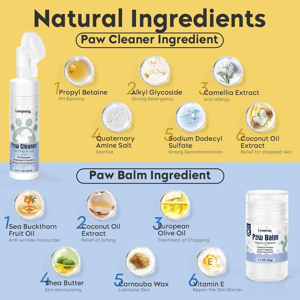 Leopong Dog Paw Cleaner Kit with Paw Balm, No-Rinse Foam, Silicone Brush