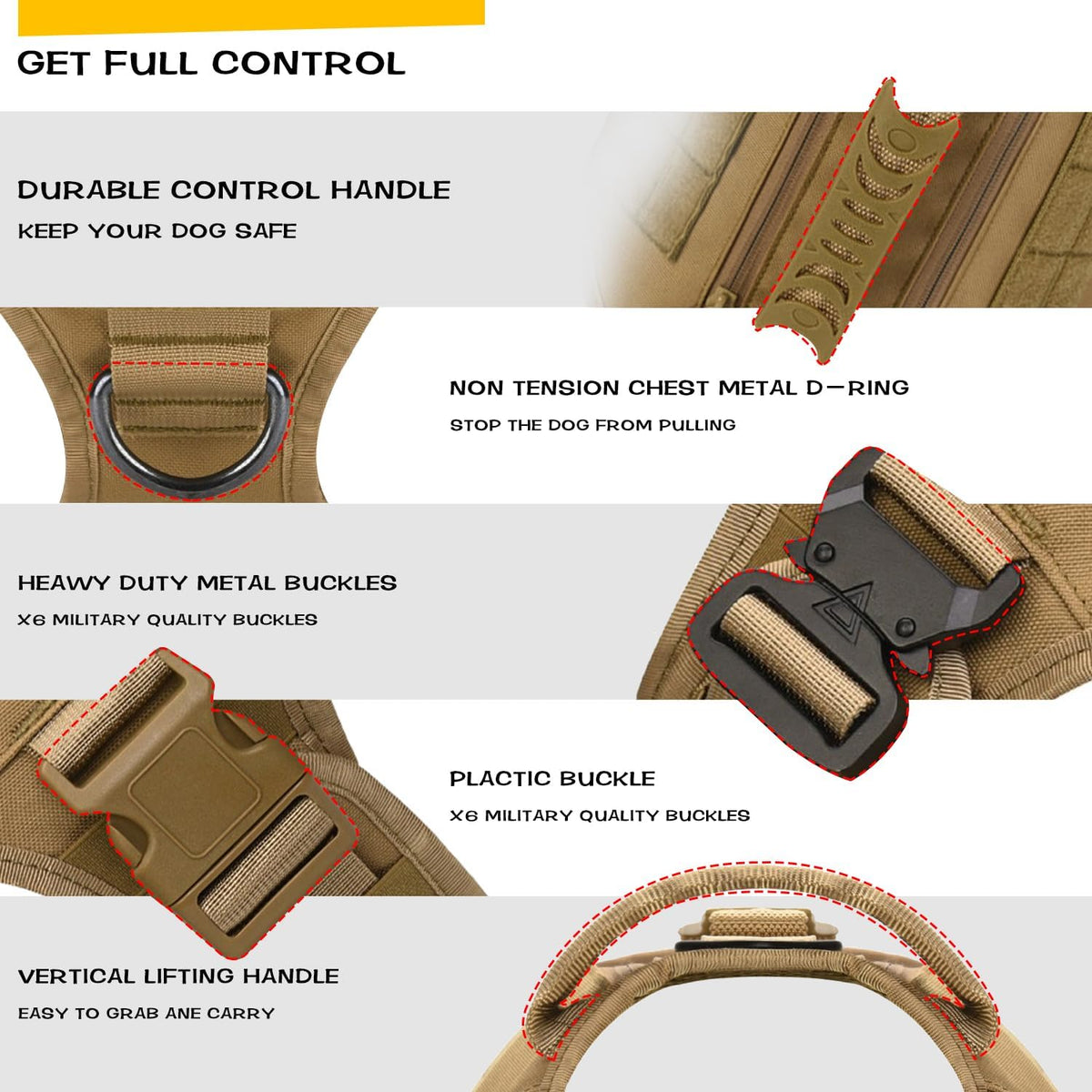 Tactical Dog Backpack Harness for Large Breed Original Design Metal Buckle Vest with Side Bags Pouches for Service Working Training (Khaki (with 2 Pouches), L)