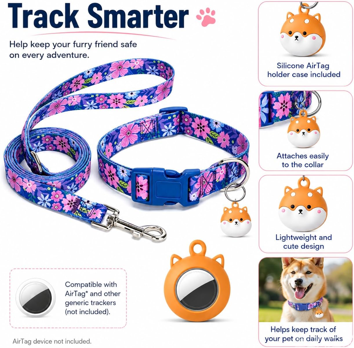 Floral Matching Dog Collar and Leash Set with AirTag Holder-Dark Flower/L
