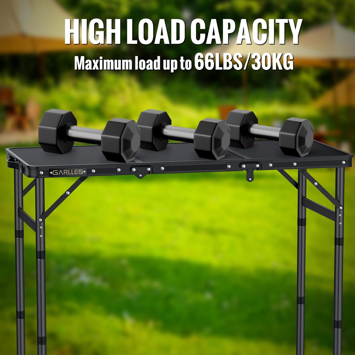 GARLLEN Folding Camping Table 34.2" Lx15.7 W, 3 Adjustable Height Max 27.5"