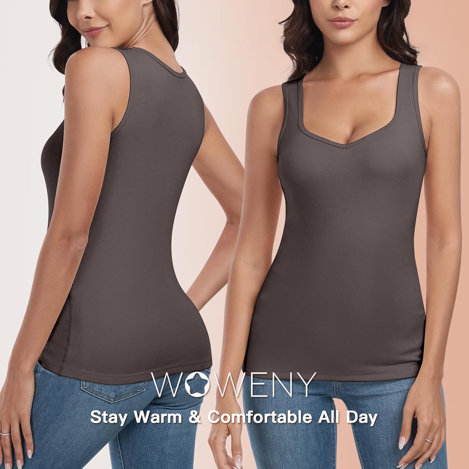 WOWENY Thermal Fleece Tank Top for Women V Neck Sleeveless Shirts Camisole Warm Base Layer Cami Vest Underwear Tops