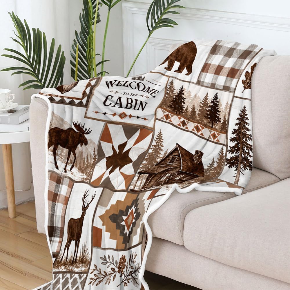 Rustic Cabin Throw Blanket, Bear Deer Moose Patchwork Lodge Home Decor