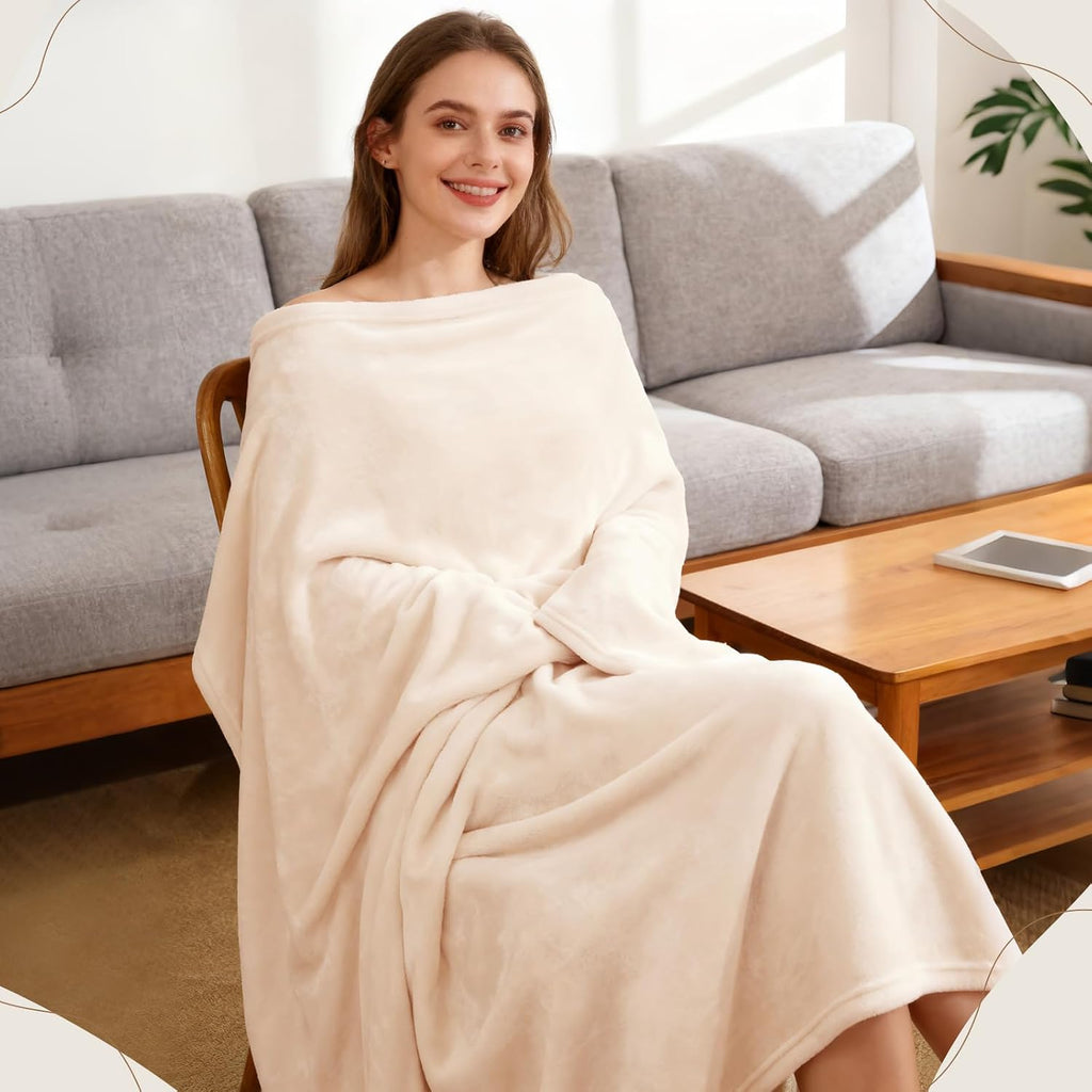 2 Pcs Flannel Fleece Throw Blanket for Bed Couch Large Soft Blanket Lightweight Throw for Sofa,Couch,Travel,Camping,(Beige,50x60 Inch)