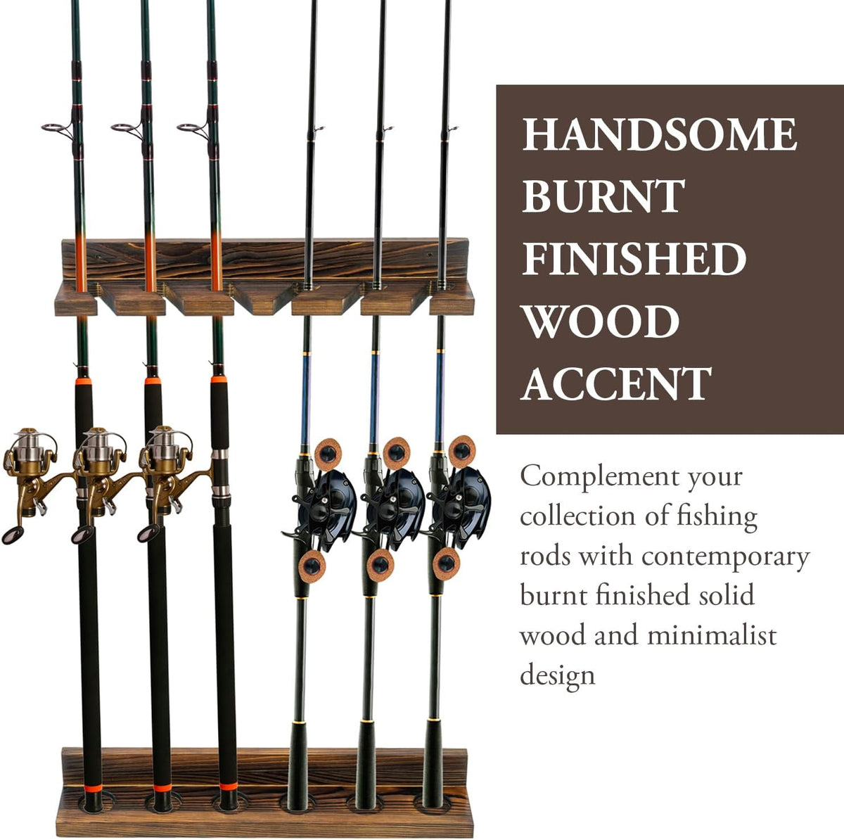 MyGift Rustic Wood Wall Mounted Fishing Rod Holder Rack, Holds 6 Rods