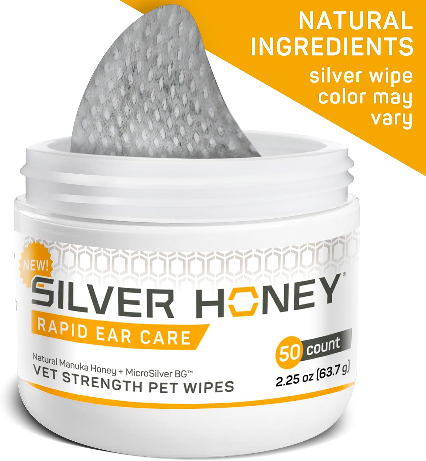 Silver Honey Rapid Ear Care Vet Strength Pet Wipes, 50ct, Manuka Honey &amp; MicroSilver BG