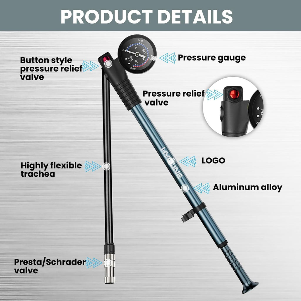 Hycline Shock Pump for Mountain Bike, High Pressure 300 Psi for Front Fork and Rear Bicycle Suspension Air Pump with Gauge Fits Schrader & Presta Tire Valve