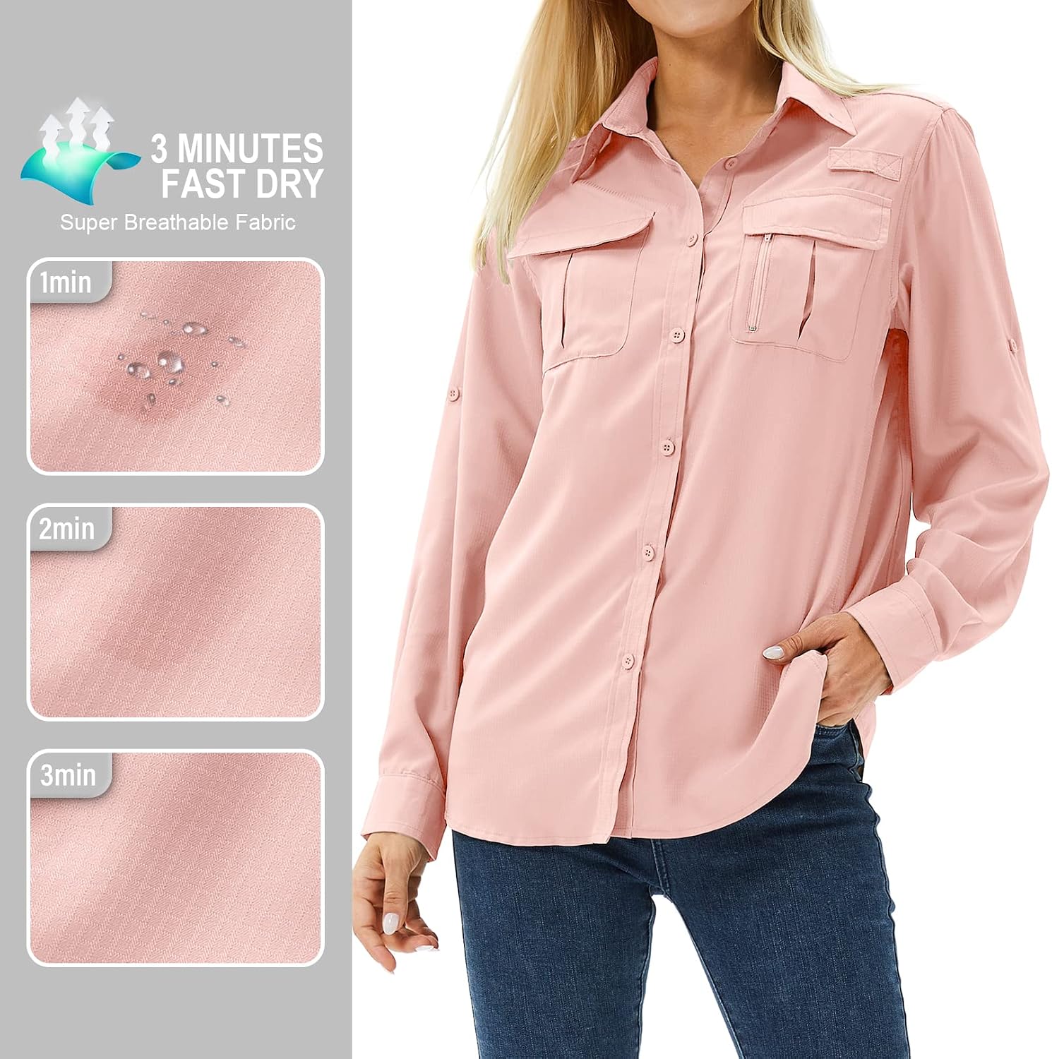 Women's UPF 50 Long Sleeve Sun Protection Safari Fish Hiking Shirts