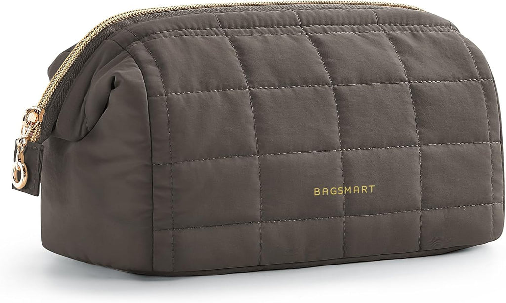 BAGSMART Makeup Bag Travel Toiletry Bag, Puffy Padded Make Up Bags for Women Makeup Organizer Case, Wide-open Pouch Purse Travel Essentials Toiletries Accessories Brushes, Apricot Pink