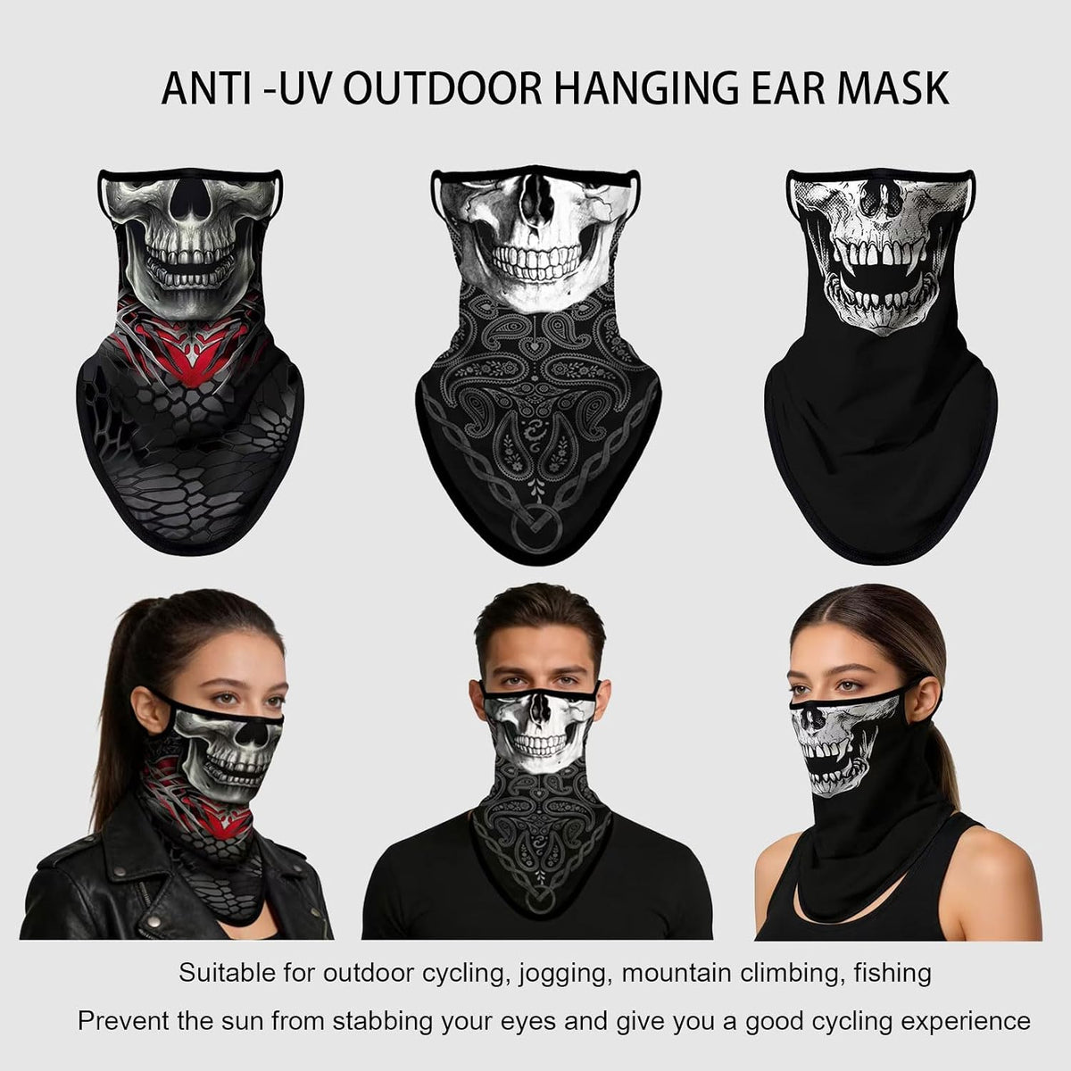 Non-Slip Ear Hanging Neck Gaiter, Multi-Use Windproof Face Neck Scarf, Skull Face Cover for Outdoor Sports 3PCS