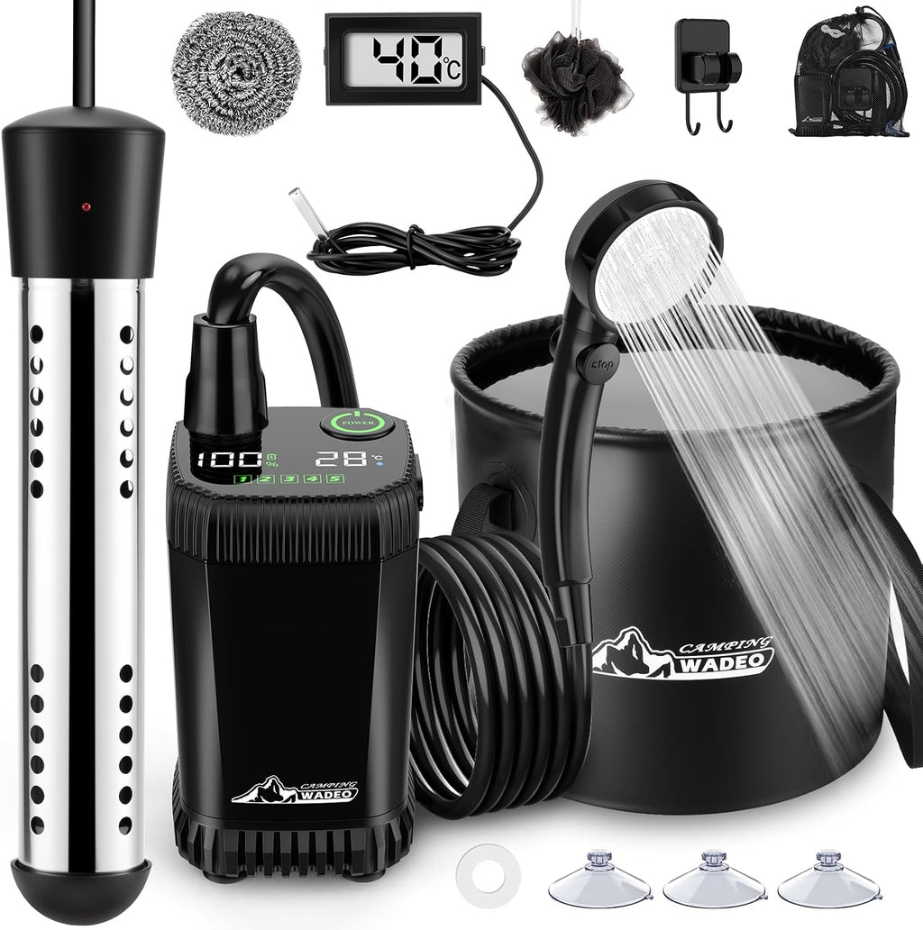 2026 Upgraded Portable Shower for Camping with Heater, Rechargeable Camping Shower with Intelligent LED Display, 5 Gal Foldable Bucket, 4 Spray Modes, Portable Shower for Travel, Pet Bath, Car Washing