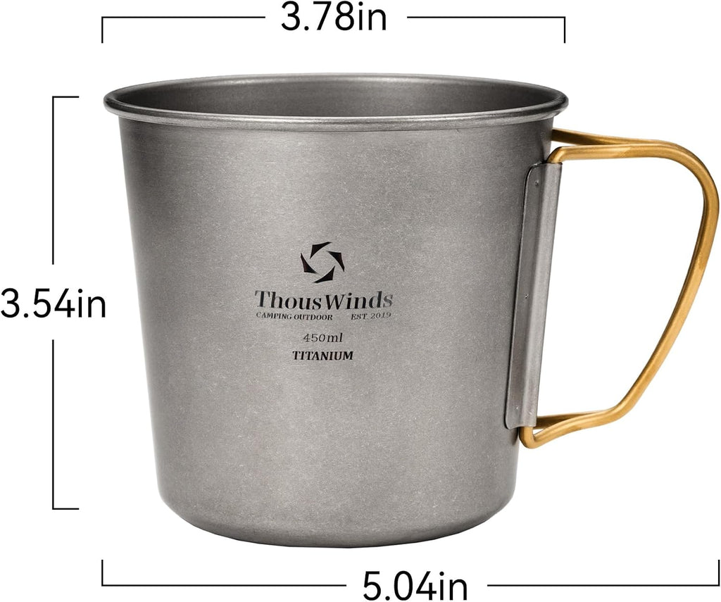 Thous Winds Titanium Mug, 450ml 15oz, Camping Coffee Cup with Foldable Handle and Lid, Lightweight Cup for Outdoor Backpacking Hiking