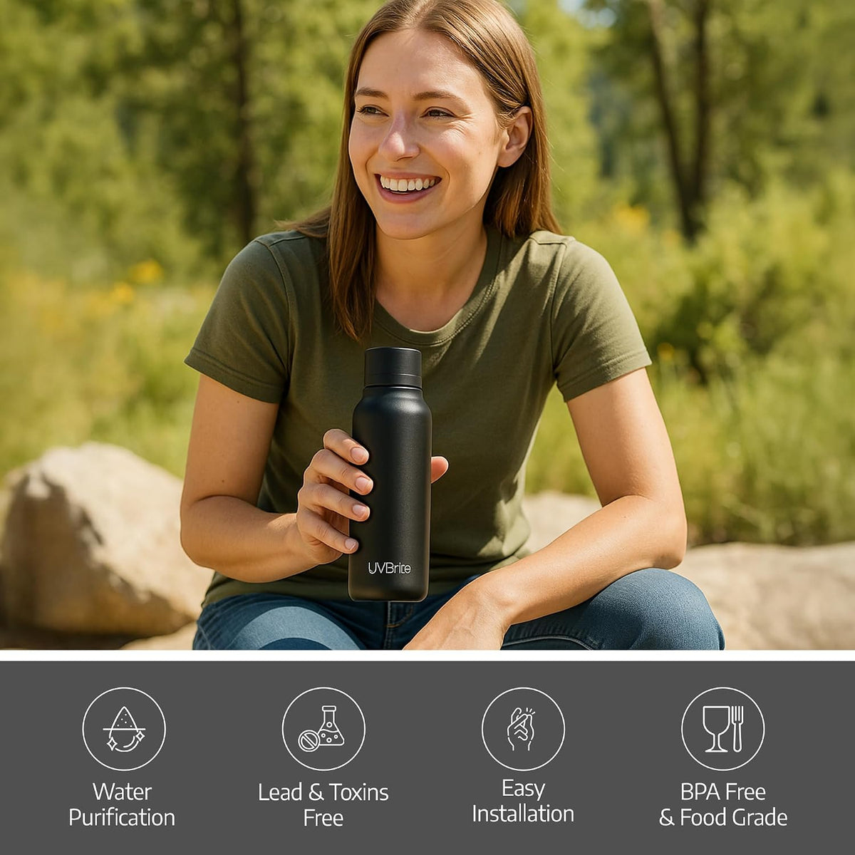 UVBRITE UV self-Cleaning and Water-Purifying Bottle TT-B02-18.6 Ounce Insulated Rechargeable Stainless-Steel Tumbler with Safety Lock Prevents Accidental Exposure Ideal for Outdoor and Emergency use