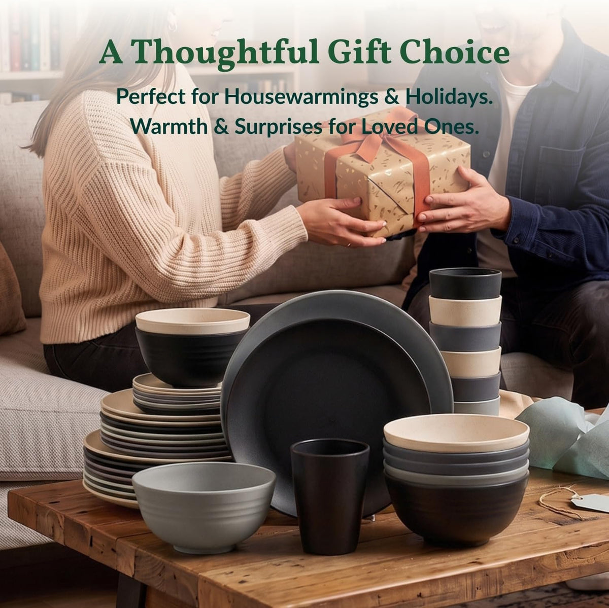Homienly 40 PCS Wheat Straw Dinnerware Sets Dishes Set for 8 Unbreakable Plates and Bowls Sets for Kitchen Dishwasher and Microwave Safe Plate Set Camping, Apartment, Kids-Grey Stone