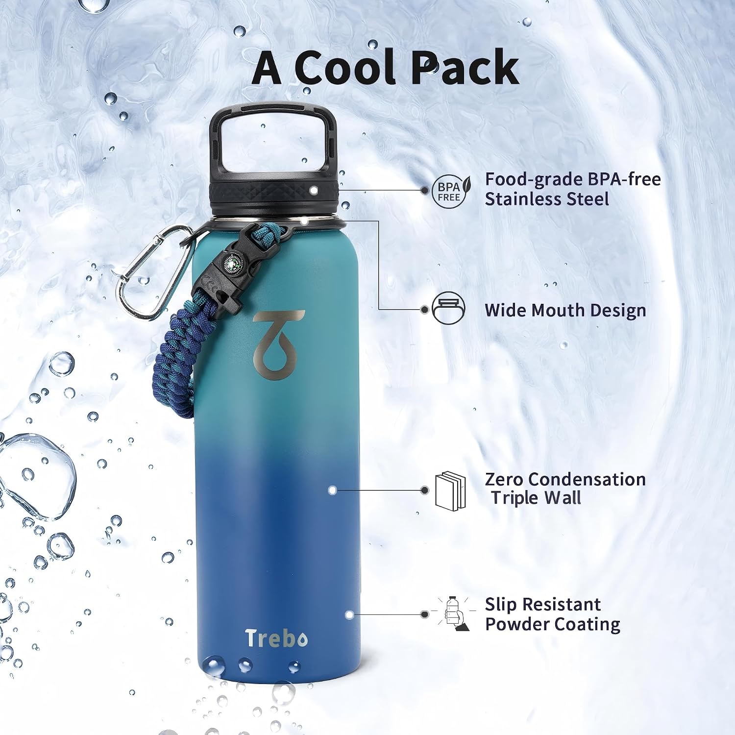Trebo Water Bottle Insulated 40 oz with 3 Lids, Paracord Handle & Sleeve