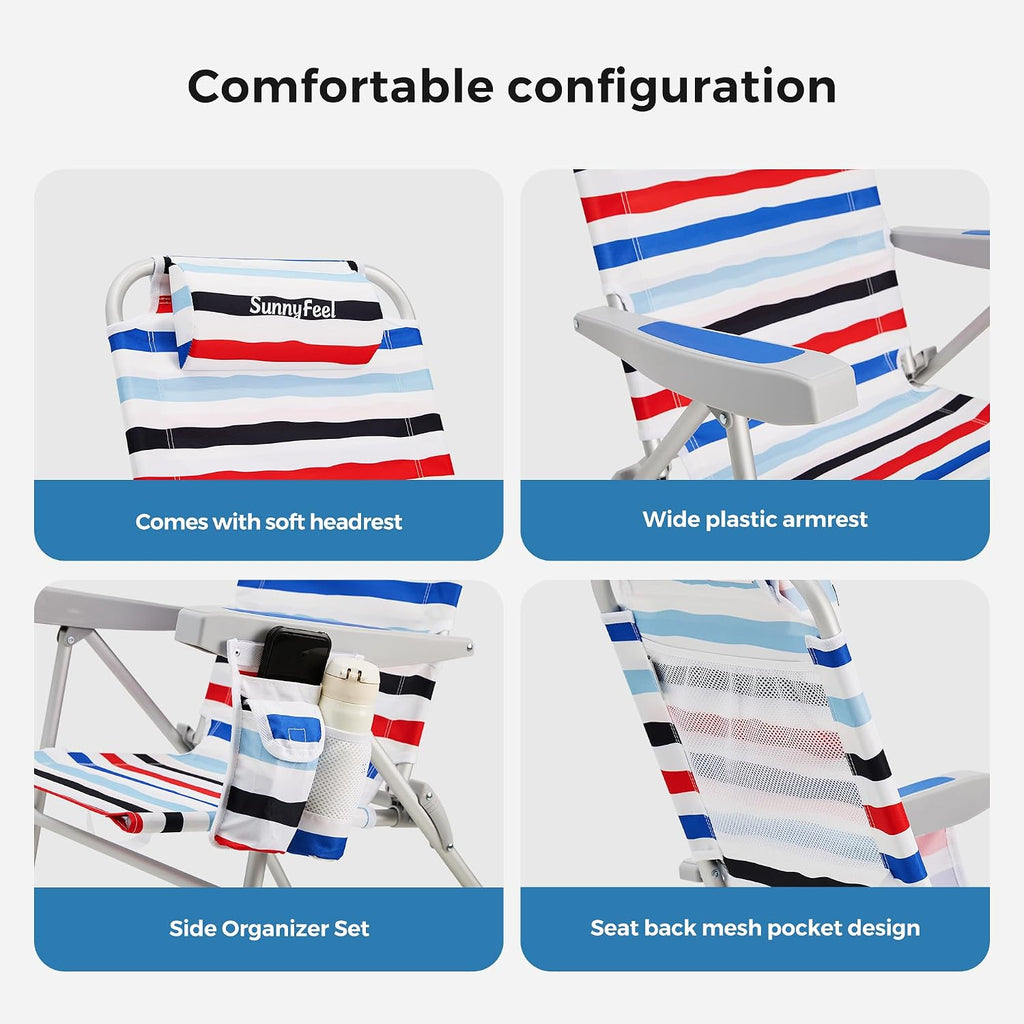 SUNNYFEEL Portable Beach Chair, Folding Low Back Beach Chair, Lightweight Camp Chair with Reclining Position, Backpack Lounger for Beach, Camping, Lawn, Outdoor, Red Blue White Striped, 2 Pack