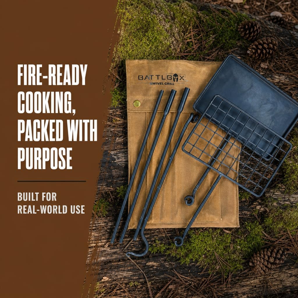 BattlBox Swivel Grill Set, Bushcraft Steel Campfire Camping Cooking Grate
