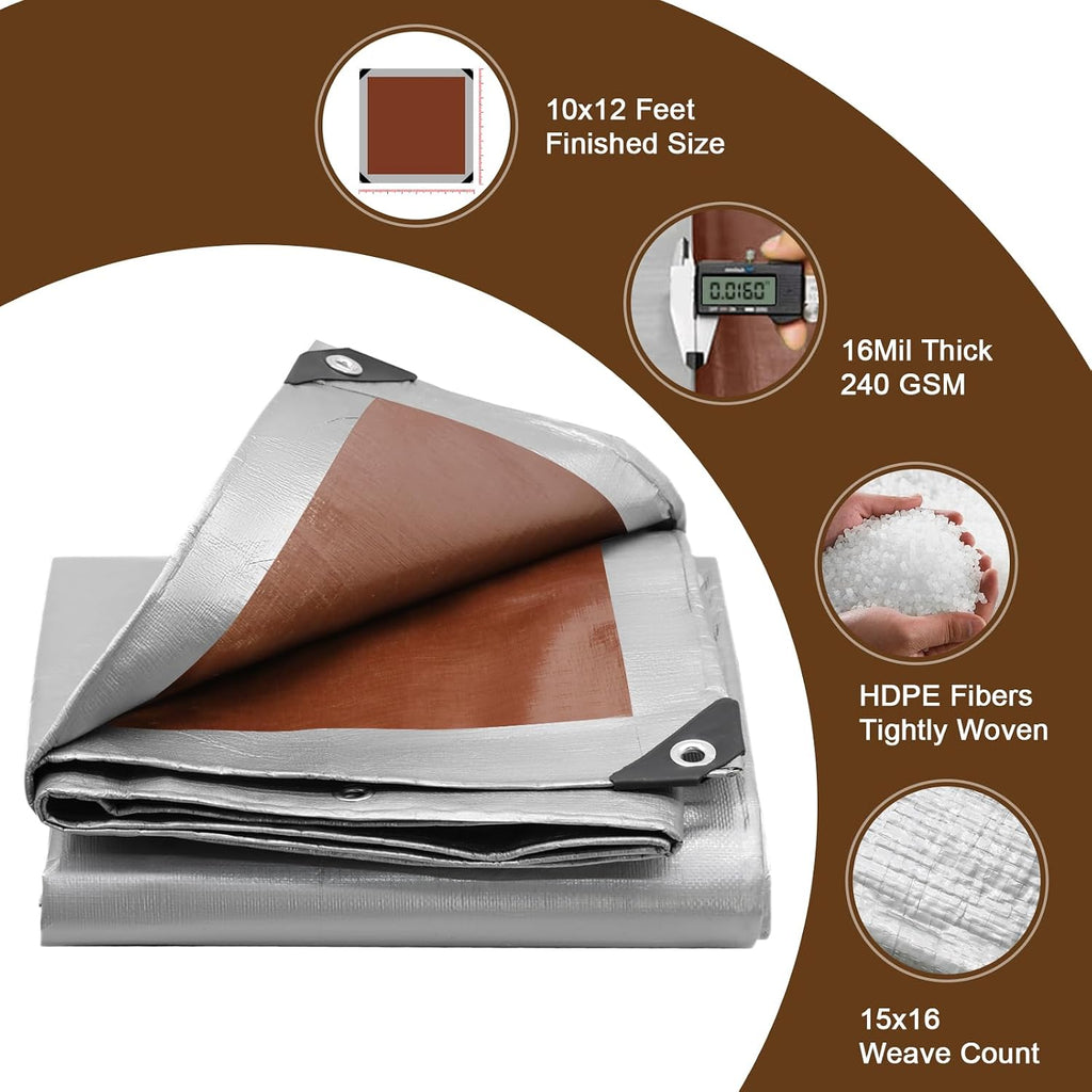 16 Mil Thick Heavy Duty Tarp, 10 x 12 Ft Finished Size, Silver/Brown
