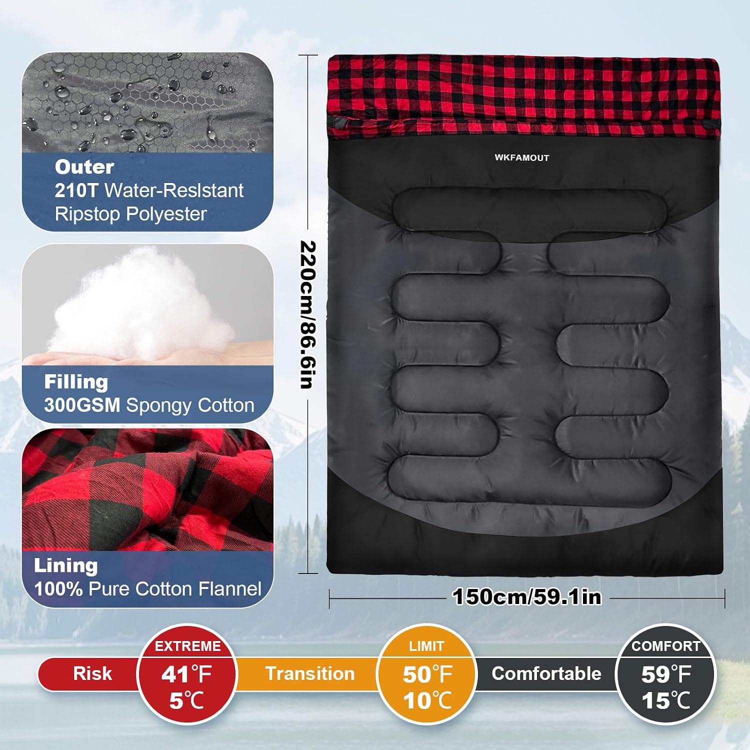 Double Sleeping Bag for Adults Machine Washable 2 Person Camping Sleeping Bag Queen Size Waterproof with Compression Sack for Cold Weather 3-4 Seasons