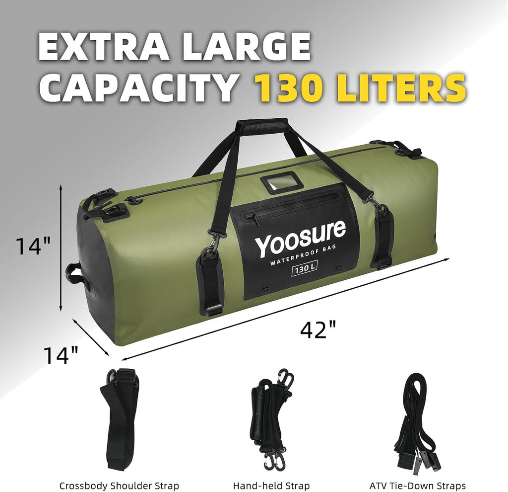 130L Waterproof Duffel Bag, Heavy Duty Dry Bag with IPX7 Airtight Zipper, 700D PVC Extra Large Cargo Duffel with Straps for Camping, Boating, Kayaking, Roof Rack & Truck Bed