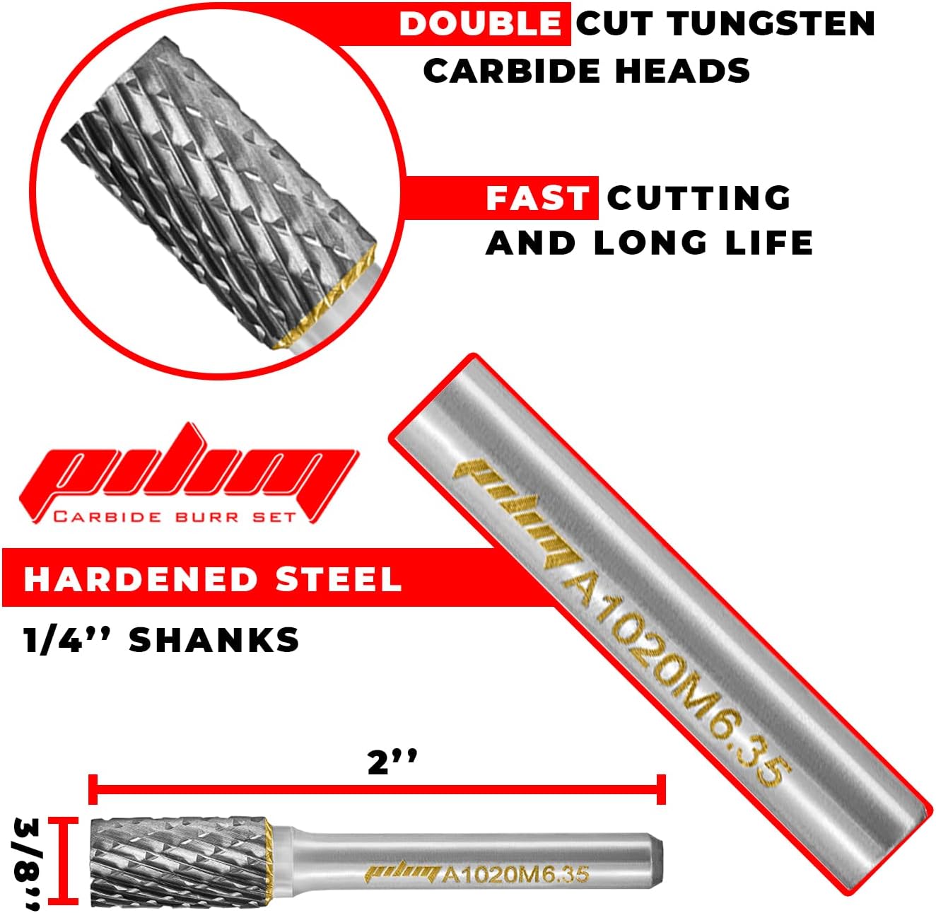 Tungsten Carbide Burr Set 1/4" Shank 8PC Double Cut Rotary Cutting Burrs Die Grinder Bits for Steel and Wood Working, Grinding, Carving, and Engraving
