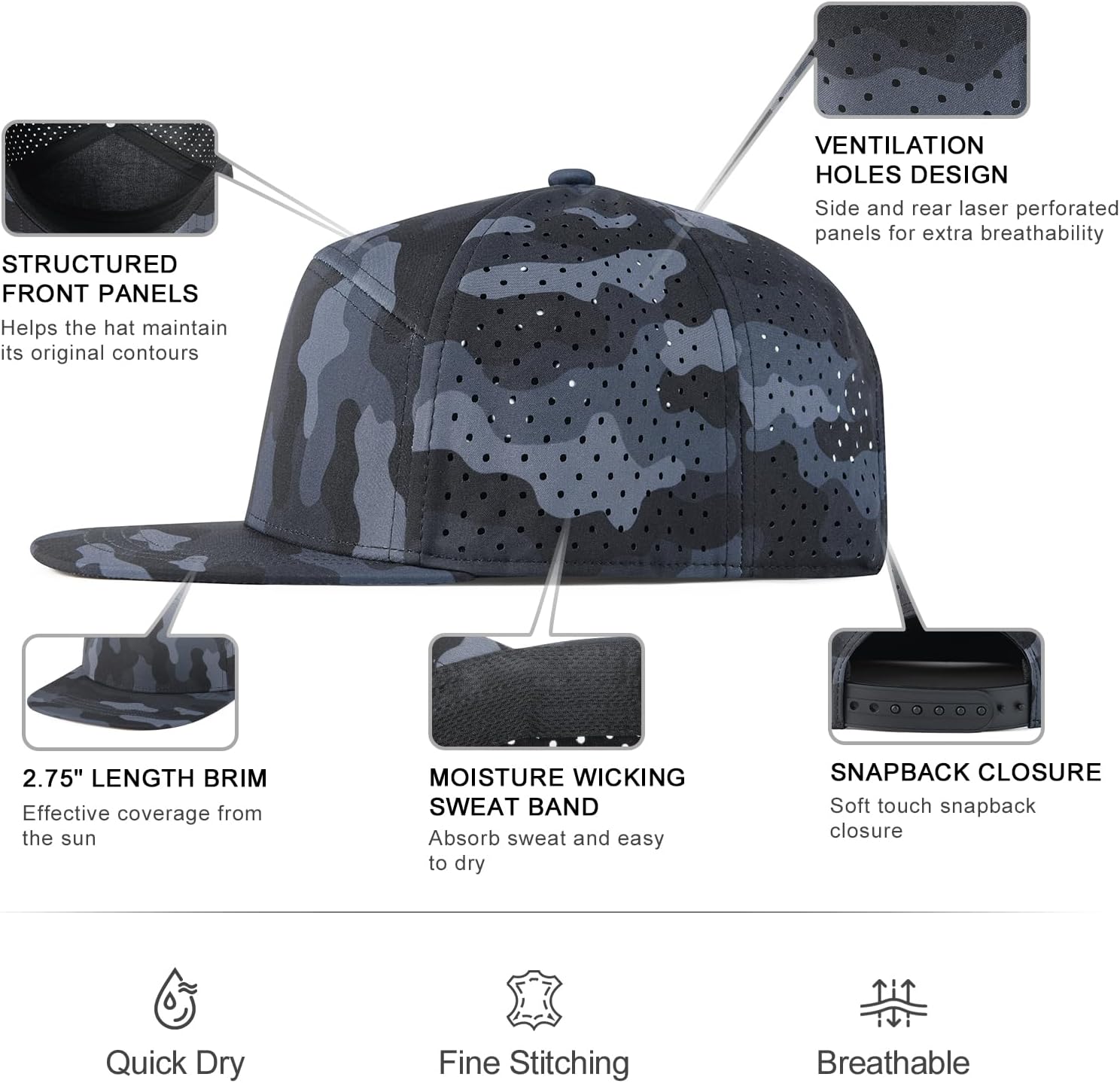 FEINION Men Laser Mesh Flat Brim Snapback Baseball Cap