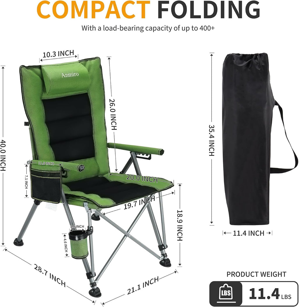 Heavy Duty Folding Camping Chair for Camp, Picnic, Lawn, Fishing (Green, Adjustable)