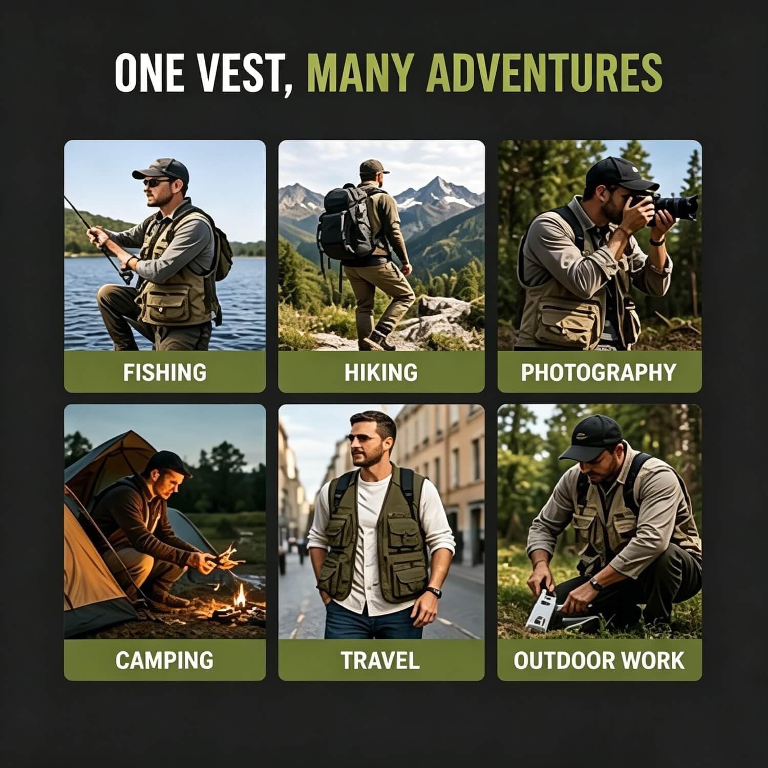 Outdoor Utility Vest for Men & Women, Lightweight Breathable Mesh Vest with Multiple Pockets for Fishing, Photography, Hiking, Camping, Travel & Safari, Khaki
