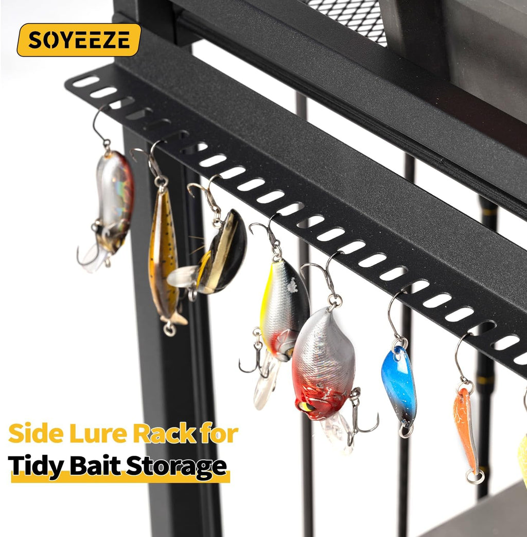 SOYEEZE Fishing Rod Holders for Garage, Fishing Pole Holder Up to 12 Rods with Pegboard and Hooks,Rolling Fishing Cart with Wheels, Fishing Gear Storage For Tackle Box & Reel Organization-4 Side Fence