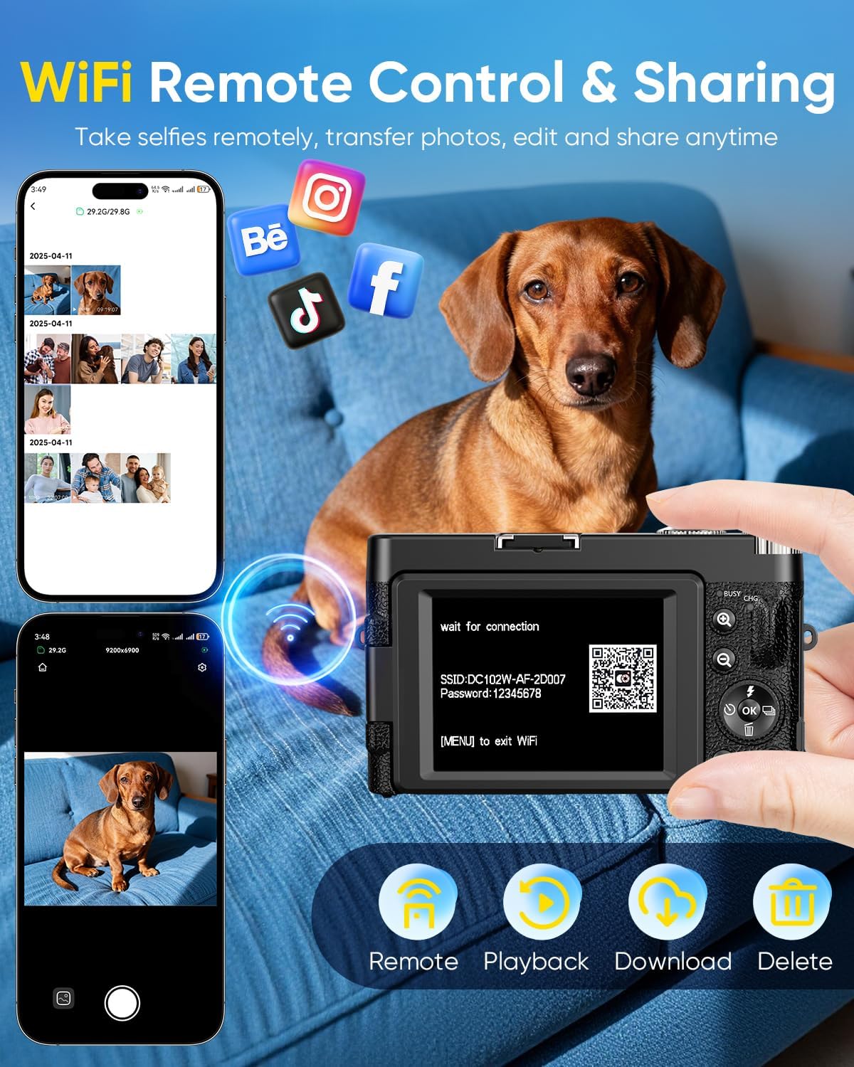 2026 Upgraded 4K Digital Camera 64MP WiFi 180° Flip Screen Autofocus, Black