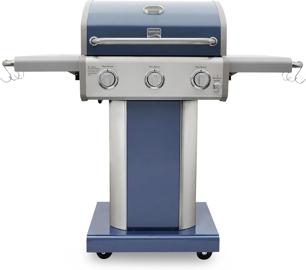 Kenmore 3-Burner Gas Grill | Foldable Side Tables, Cast Iron Cooking Grates, Warming Rack, Hooks for BBQ Grilling Tools, Propane Gas Barbecue Grill, 30,000 BTUs, Black with Copper Accent