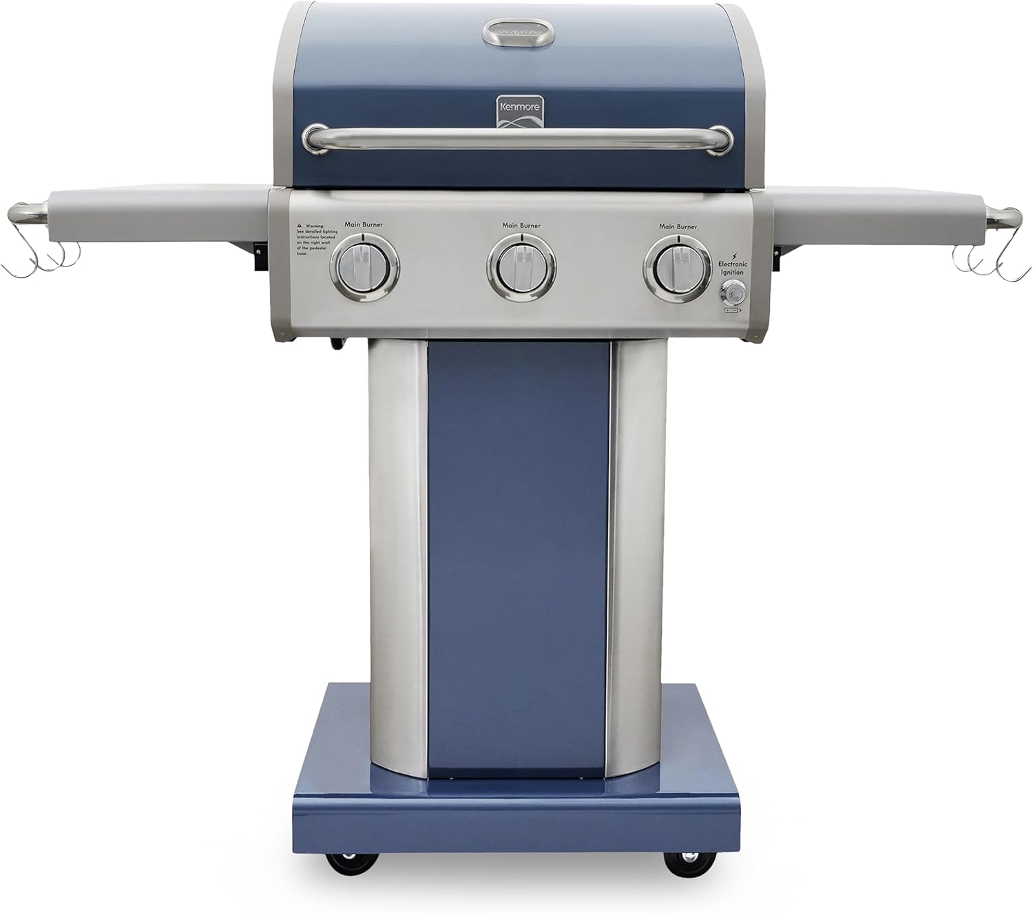 Kenmore 3-Burner Gas Grill | Foldable Side Tables, Cast Iron Cooking Grates, Warming Rack, Hooks for BBQ Grilling Tools, Propane Gas Barbecue Grill, 30,000 BTUs, Black with Copper Accent
