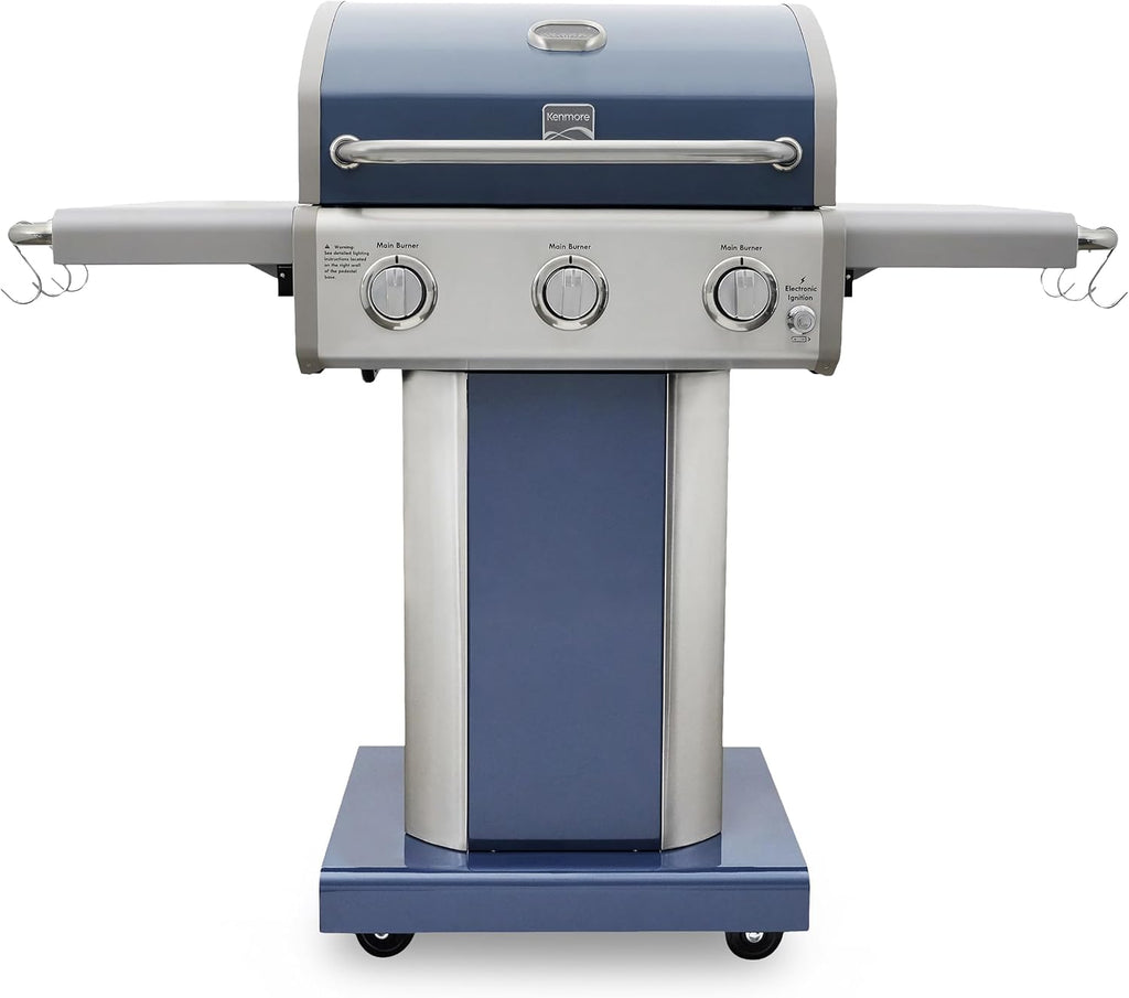 Kenmore 3-Burner Propane BBQ Grill, 30,000 BTUs Gas Grill with Cast Iron Cooking Grates, Folding Side Tables & Wheels, Outdoor Grill with Tool Hooks, Teal