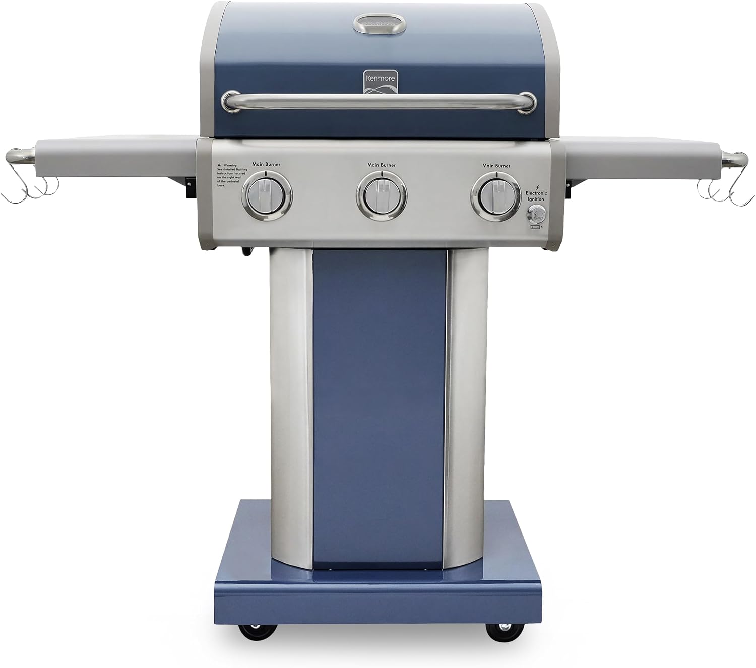 Kenmore 3-Burner Propane BBQ Grill, 30,000 BTUs Gas Grill with Cast Iron Cooking Grates, Folding Side Tables & Wheels, Outdoor Grill with Tool Hooks, Teal