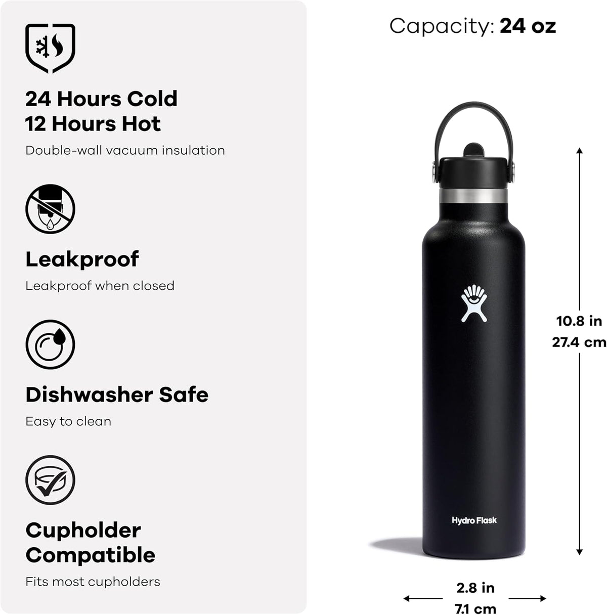 Hydro Flask Water Bottle - Insulated Stainless Steel - Straw Lid, Non Spill, Leakproof 24 Oz Birch Gray