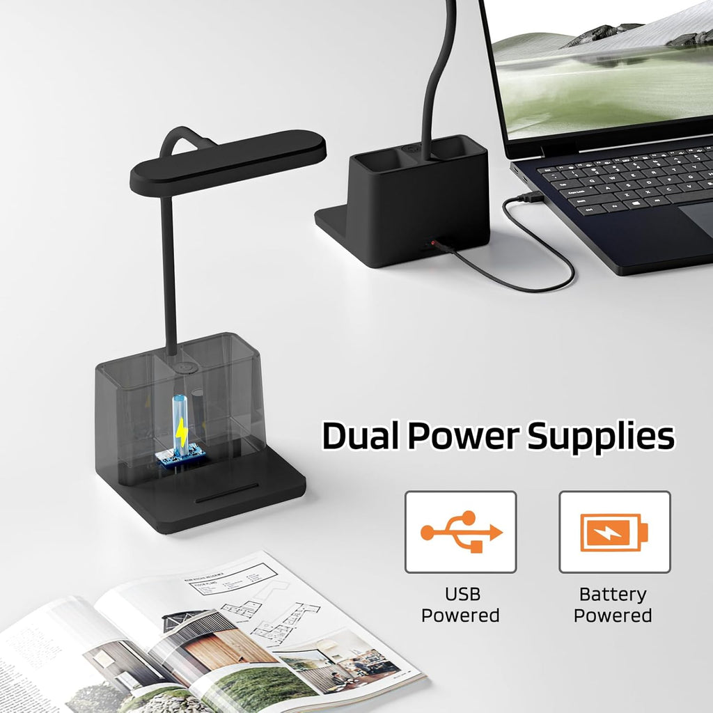 AXX Black LED Desk Lamp, Battery Operated Small Table Light for Dorm Room