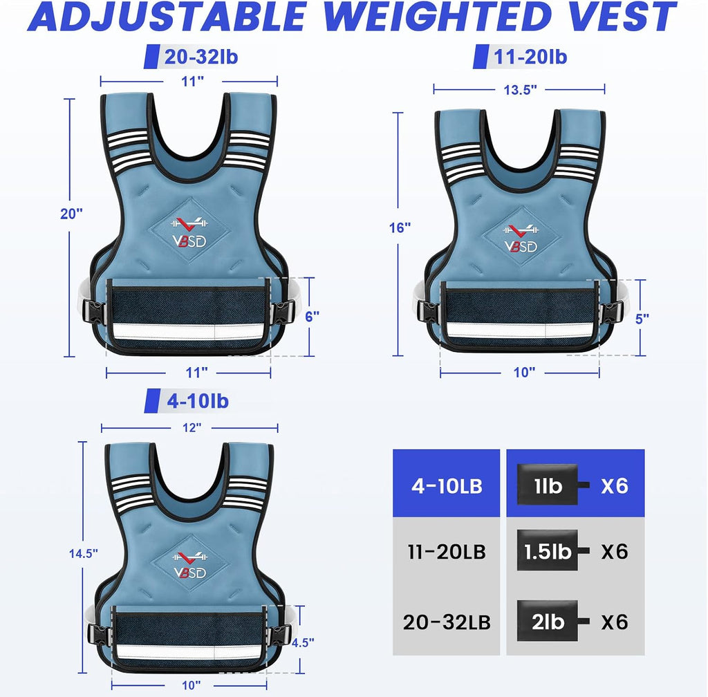 VBSD Adjustable Weighted Vest for Women Men 4-10lb/11-20lb/20-32lb Vest with 6 Ironsand Weights Body Weight Vest with Reflective Strip for Running Walking Strength Training Workouts