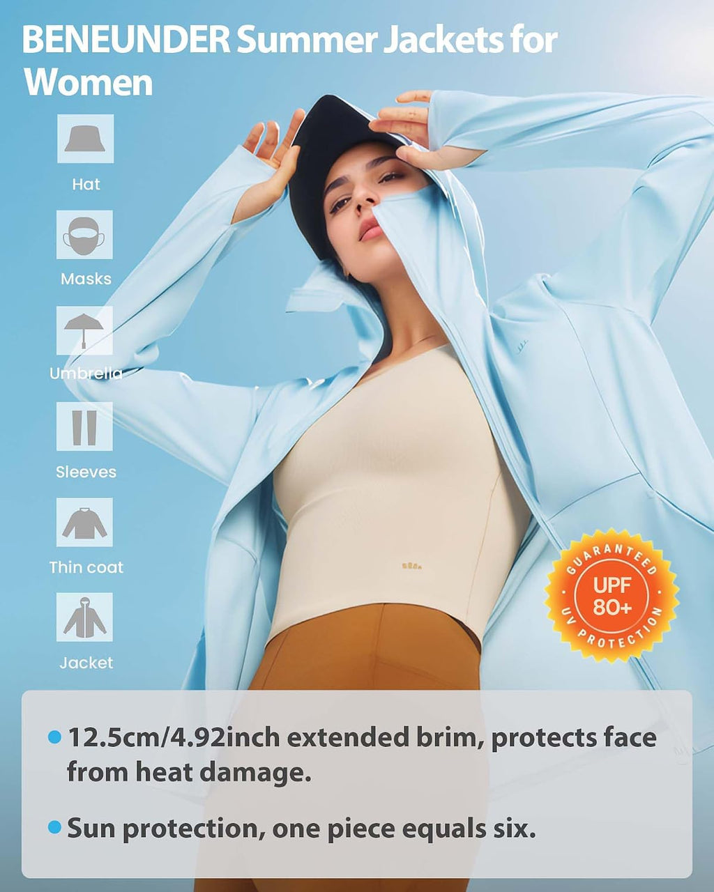 BENEUNDER Cooling Women's UPF 50+ Sun Protection Lightweight Hoodie Jacket Long Sleeve Active Sun Shirts for Outdoor Workout