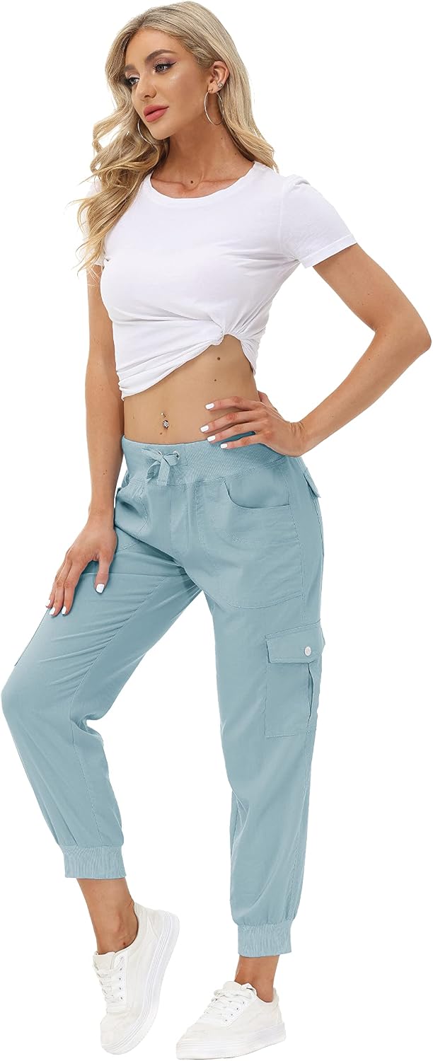 MoFiz Women's Lightweight Hiking Cargo Pants Outdoor Quick Dry Casual Travel Sweatpants Joggers Elastic Waist Button Pockets