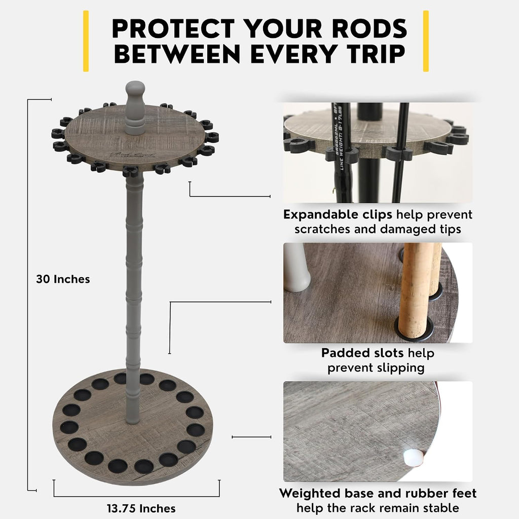 Rush Creek Creations 16-Rod Round Fishing Rod Holder for Garage, 360° Access Fishing Pole Holder for Fishing Rods, Reels, and Gear, Securely Holds 16 Rods, Barnwood