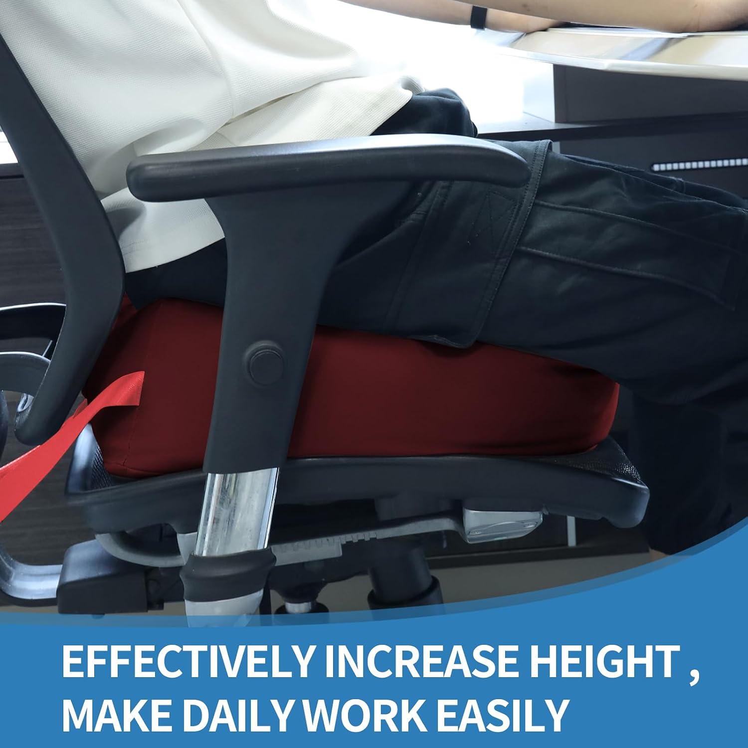 YOUFI Leather Seat Cushion Extra-Thick Booster for Office Chair to Rise Height - Full Filling for Support - with Breathable Cover, Handle and Buckle - Relieves Back Pain – 18"x16"x6" (Red)