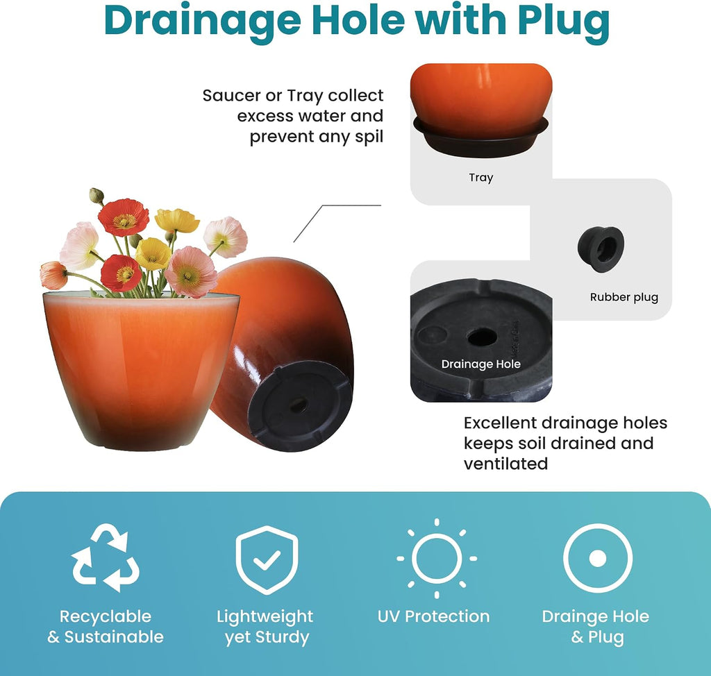 Vanslogreenk 8 inch Plant Pots Indoor Modern Glaze Planters with Drainage Holes, Garden Flower Pots Planter for Aloe, Herbs, Cactus (Orange, 2pcs)