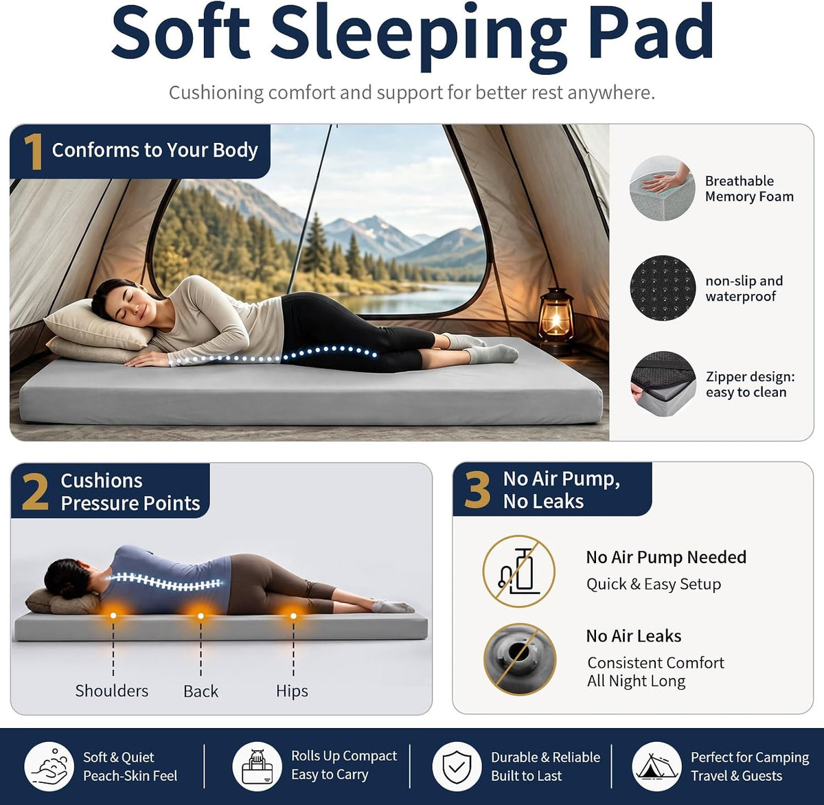 CYMULA Memory Foam Camping Mattress Pad,Sleeping Pad for Camping,Non-Slip Bottom Floor Car Mattress Bed with Retaining Portable Roll up Mattress Pad Mat for Travel Truck Guest Bed Tent