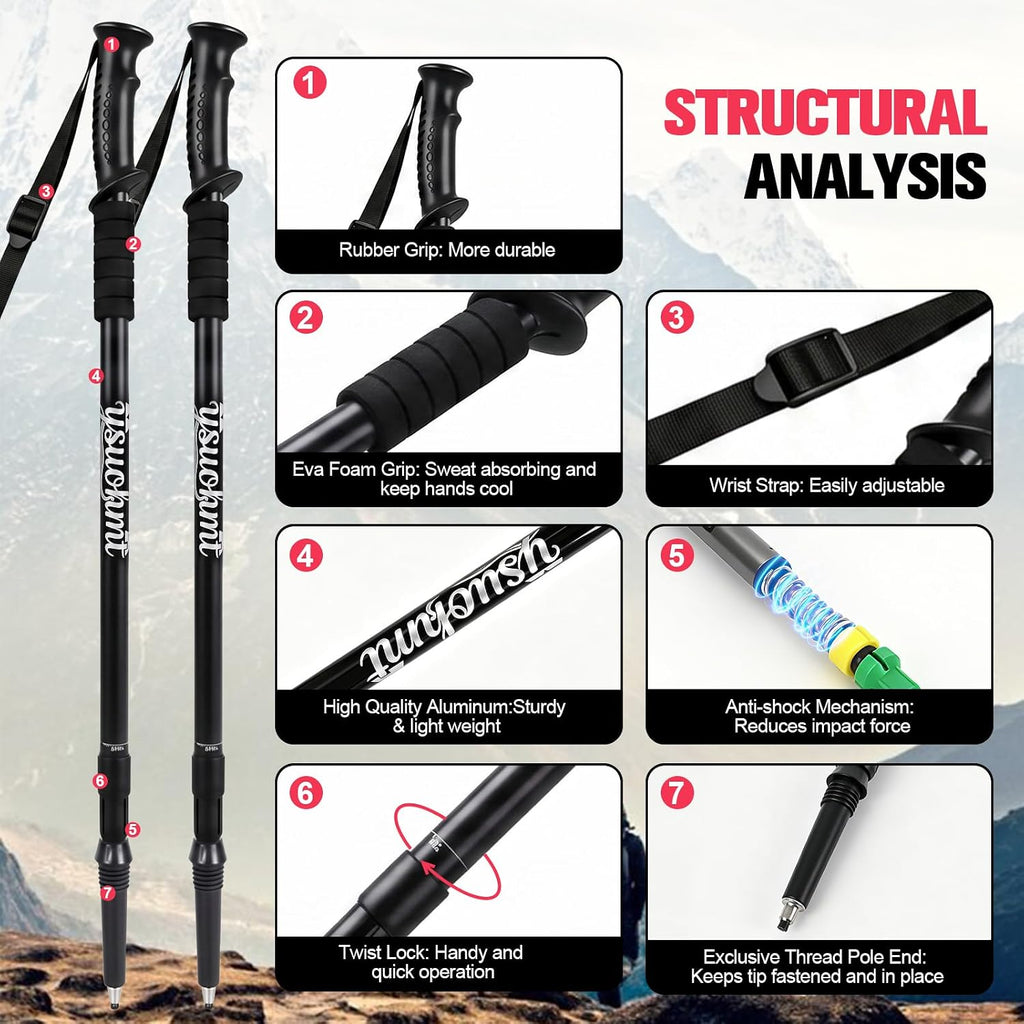 Hiking Trekking Poles, 2 Sticks with Anti-Shock and Quick Lock System， Ultralight, Telescopic, Collapsible，for Backpacking, Camping, Mountaineering, Trail Running, Snowshoeing, Men Women