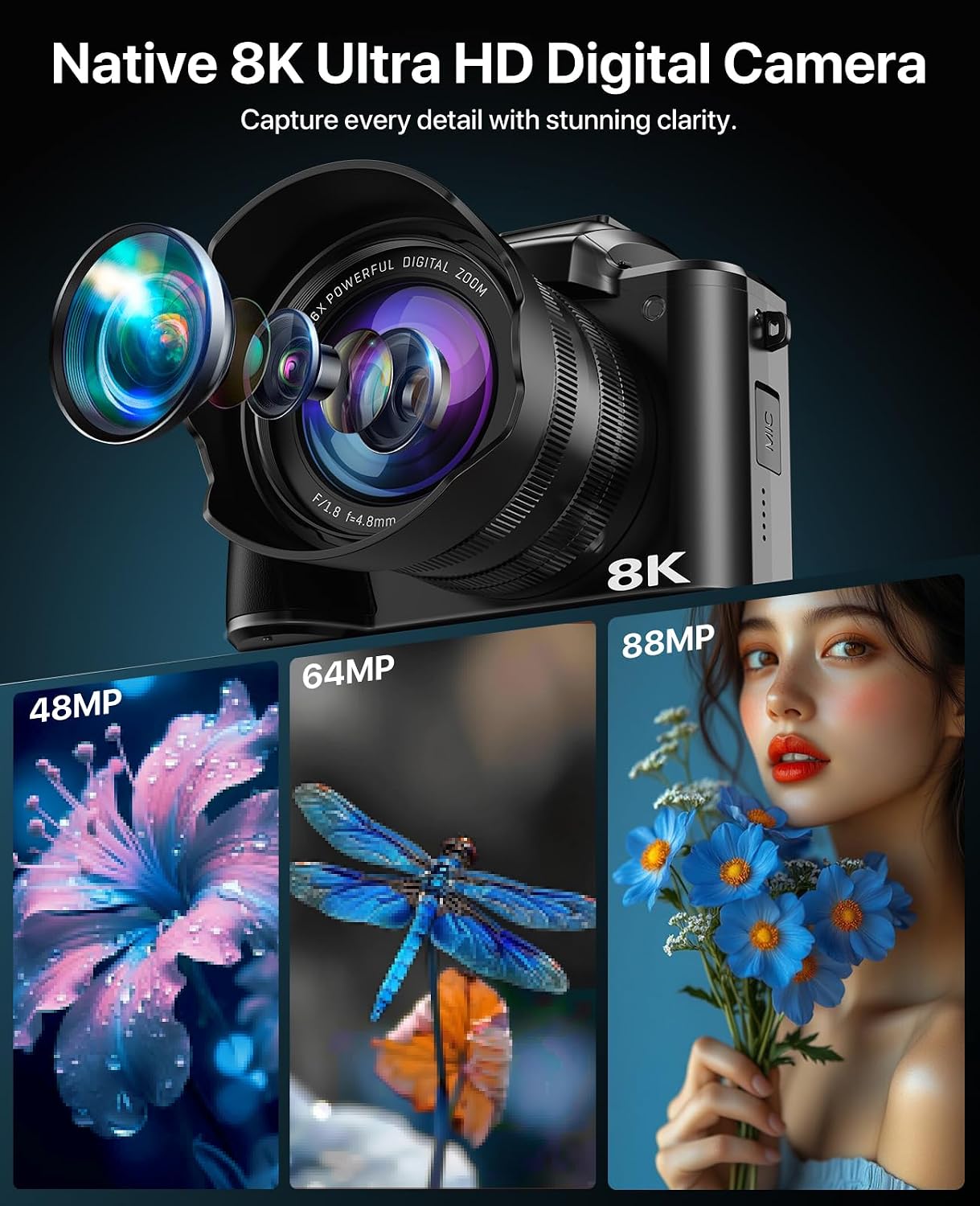 8K Digital Cameras for Photography, 2026 Autofocus 88MP WiFi Professional Photography Camera with Dual-Lens for YouTube, 16X Digital Zoom, TF Card, Lens Hood, Touch Screen,2 Batteries & Charging Stand