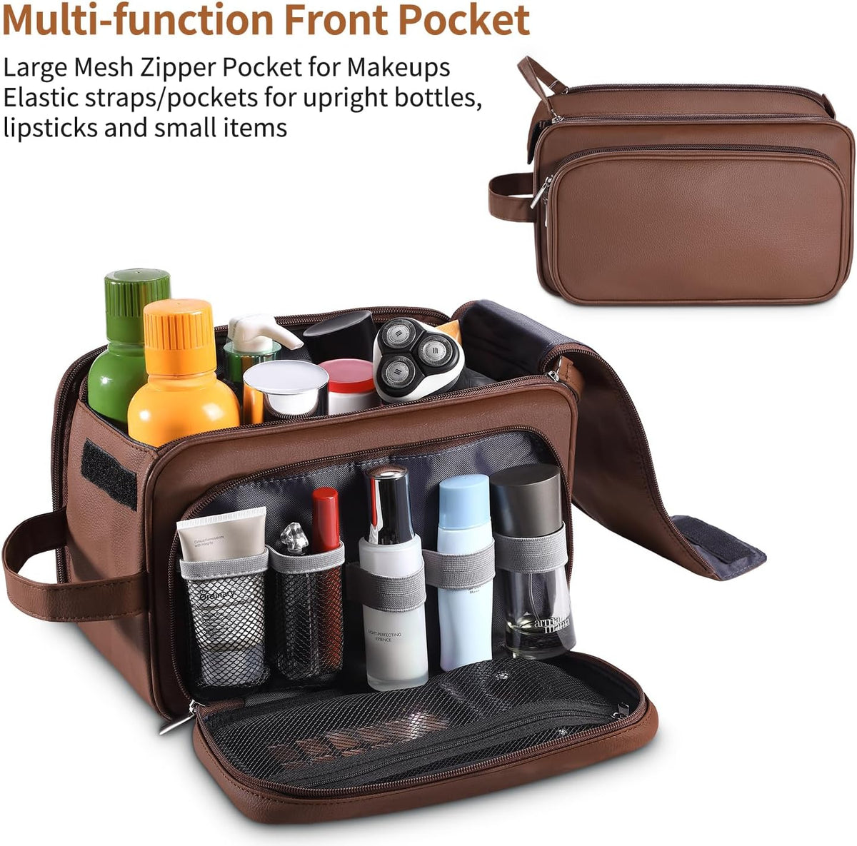 Buruis Extra Large Toiletry Bag for Men, PU Leather Travel Dopp Kit, Brown
