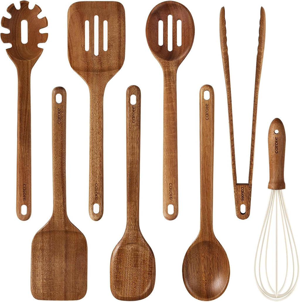 CAROTE Wooden Utensil Set, 8-Piece Acacia Wood Cooking Utensils
