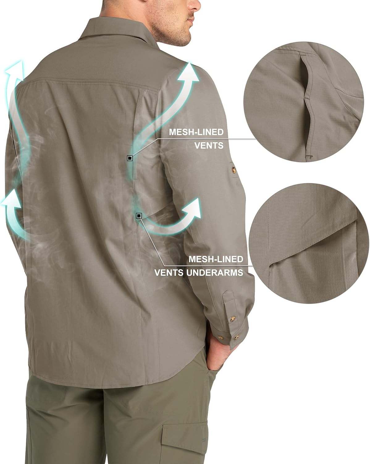 33,000ft Men's Long Sleeve Hiking Shirts Lightweight Quick Dry Sun Protection UV UPF 50 Fishing Shirt Outdoor Safari Travel
