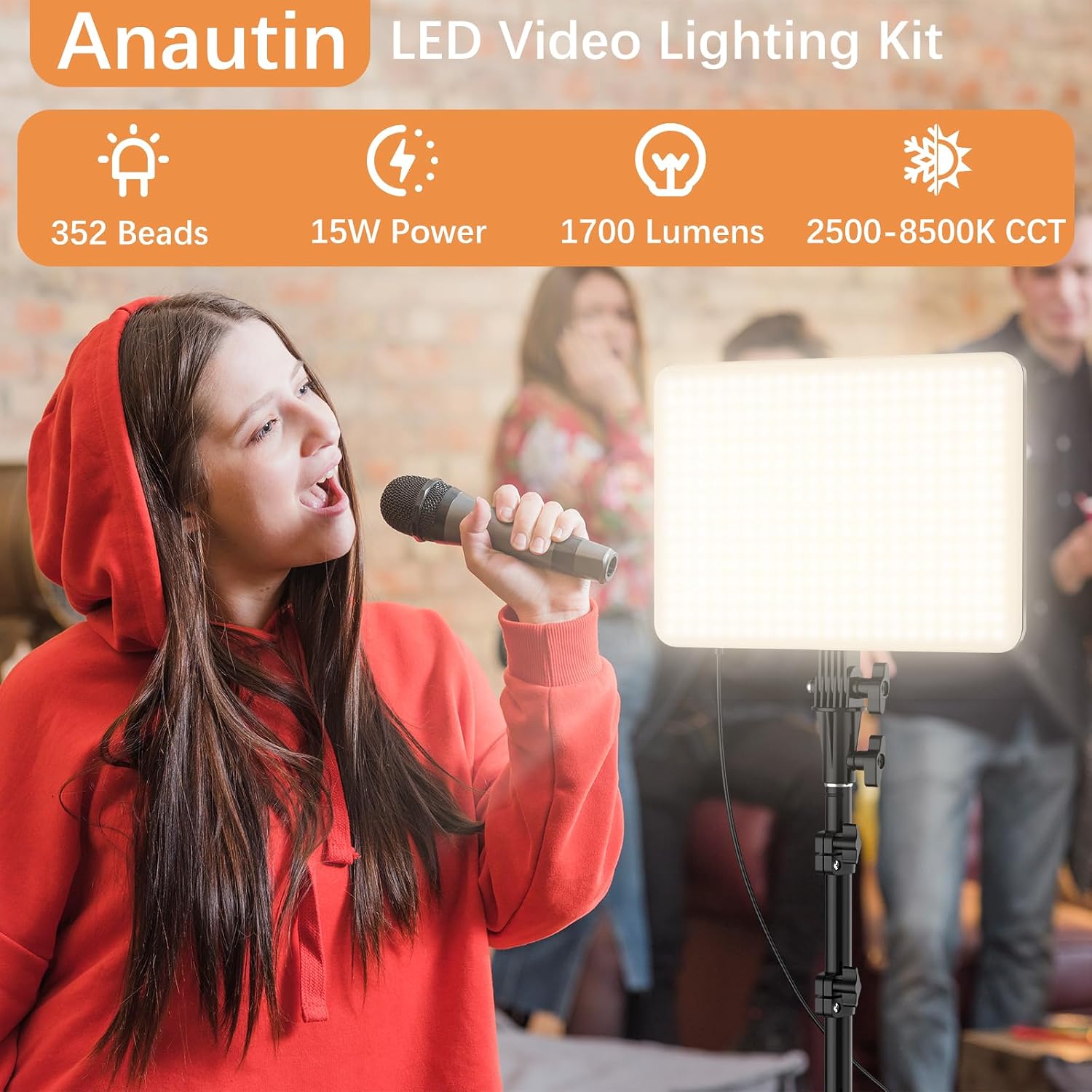 1-Pack LED Video Lighting Kit, Anautin 15W/1700Lux Photography Lighting with Tripod Stand, 2500-8500K Dimmable Streaming Light for Video Recording, Gaming, Podcast, Barber, Salon, TikTok, YouTube